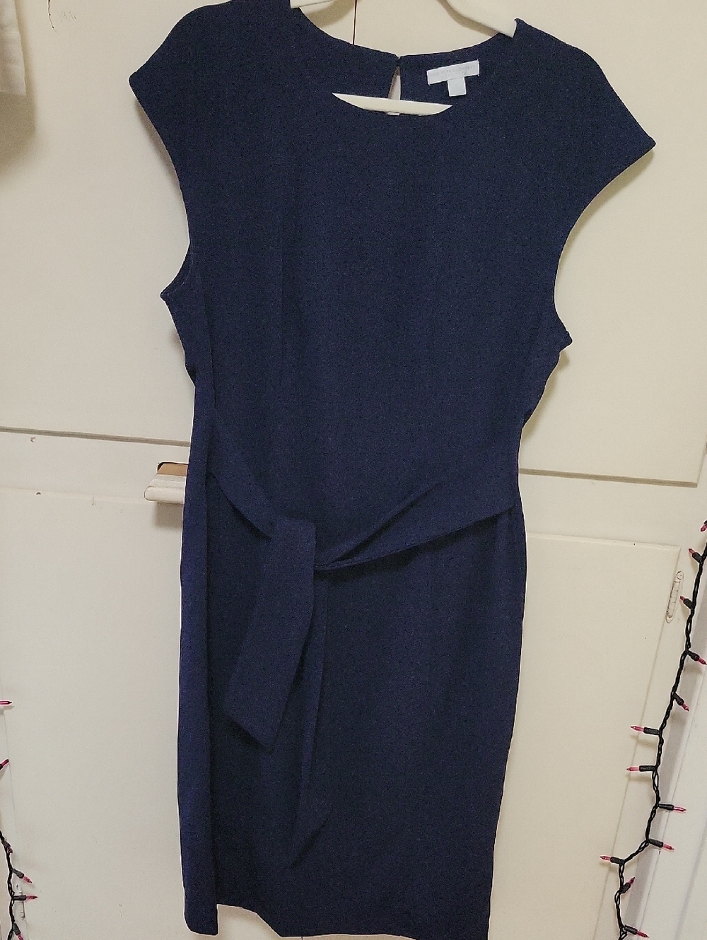 New York & Company Navy Cap-Sleeve Midi Sheath Dress with Waist Tie.